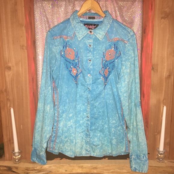 ROAR Embellished Blue & Orange Western Shirt Large - Picture 12 of 16
